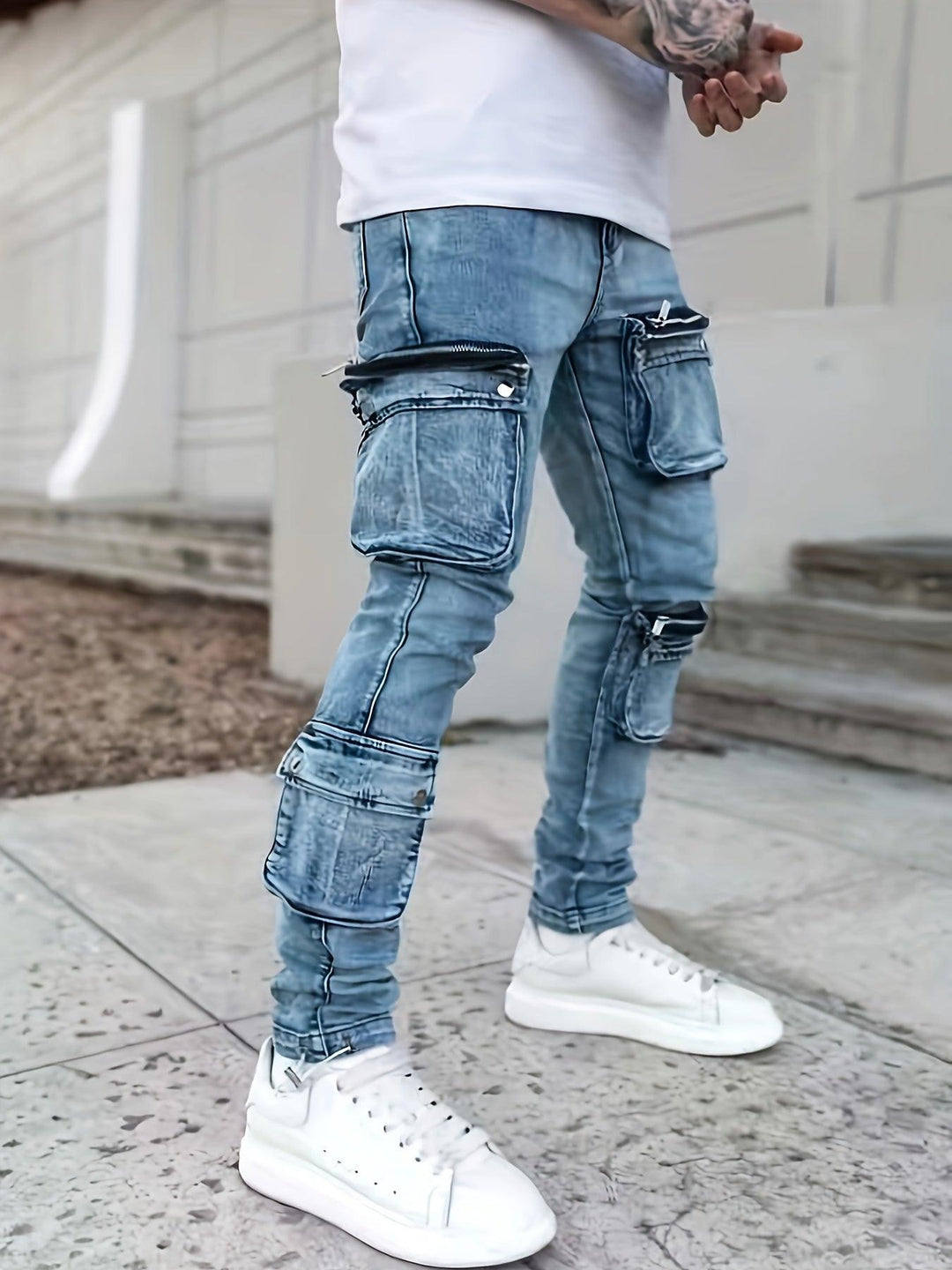 Men's Stylish Cotton Blend Mid Stretch Jeans With Multi-pocket Design, Chic Street Style Slim Fit Bottoms For Men, All Seasons-THAT FASHION STORE