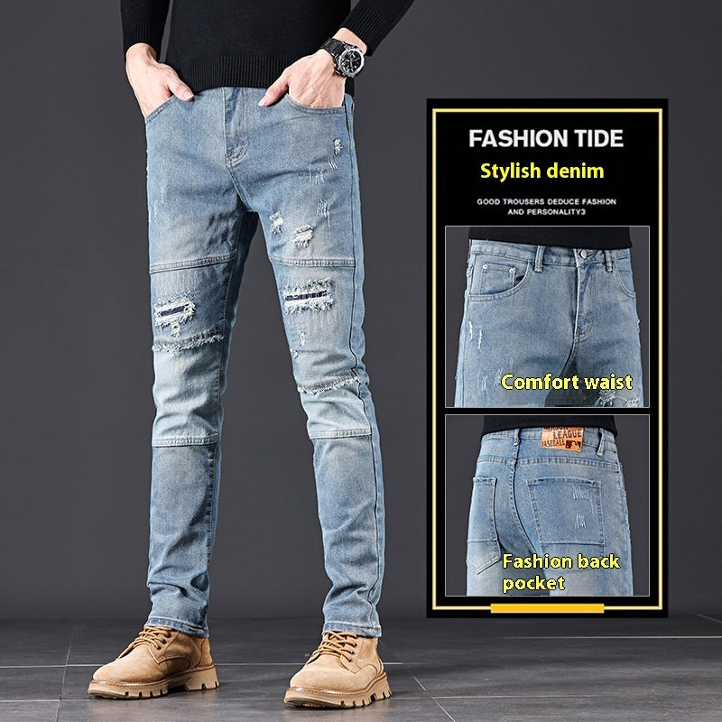 Trendy Distressed Blue Jeans for Men with Unique Cutouts - THAT FASHION STORE