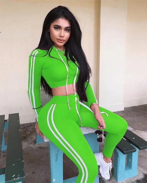 Fitness Casual 2 Piece Set Tracksuit Women Side Striped Hoodies Cropped Tops and Pants Jogger Two Piece Outfits Chandal Mujer-THAT FASHION STORE