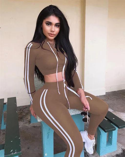 Fitness Casual 2 Piece Set Tracksuit Women Side Striped Hoodies Cropped Tops and Pants Jogger Two Piece Outfits Chandal Mujer-THAT FASHION STORE