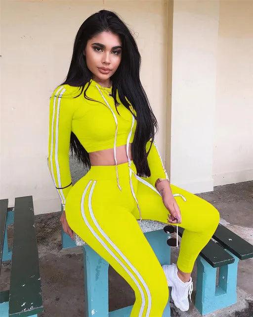 Fitness Casual 2 Piece Set Tracksuit Women Side Striped Hoodies Cropped Tops and Pants Jogger Two Piece Outfits Chandal Mujer-THAT FASHION STORE