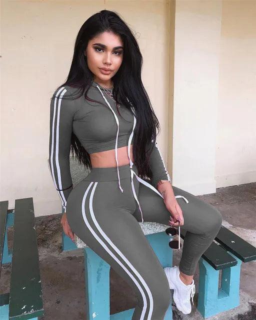 Fitness Casual 2 Piece Set Tracksuit Women Side Striped Hoodies Cropped Tops and Pants Jogger Two Piece Outfits Chandal Mujer-THAT FASHION STORE