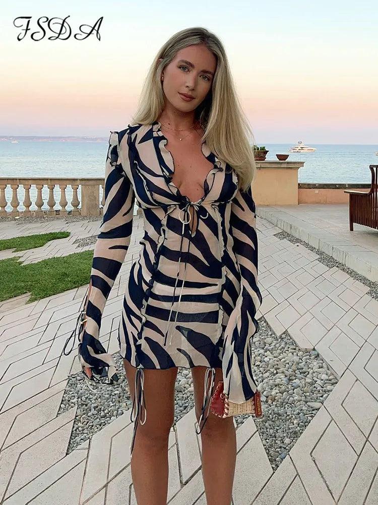 FSDA Zebra Print Long Sleeve Mini Dress Ruffles Mesh Sexy Summer Beach Party Dresses Bodycon Tie Up See Through 90s Club-THAT FASHION STORE