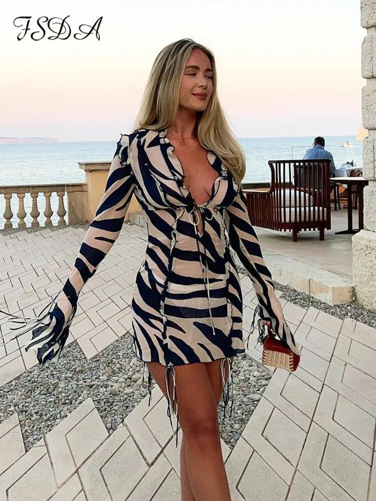 FSDA Zebra Print Long Sleeve Mini Dress Ruffles Mesh Sexy Summer Beach Party Dresses Bodycon Tie Up See Through 90s Club-THAT FASHION STORE