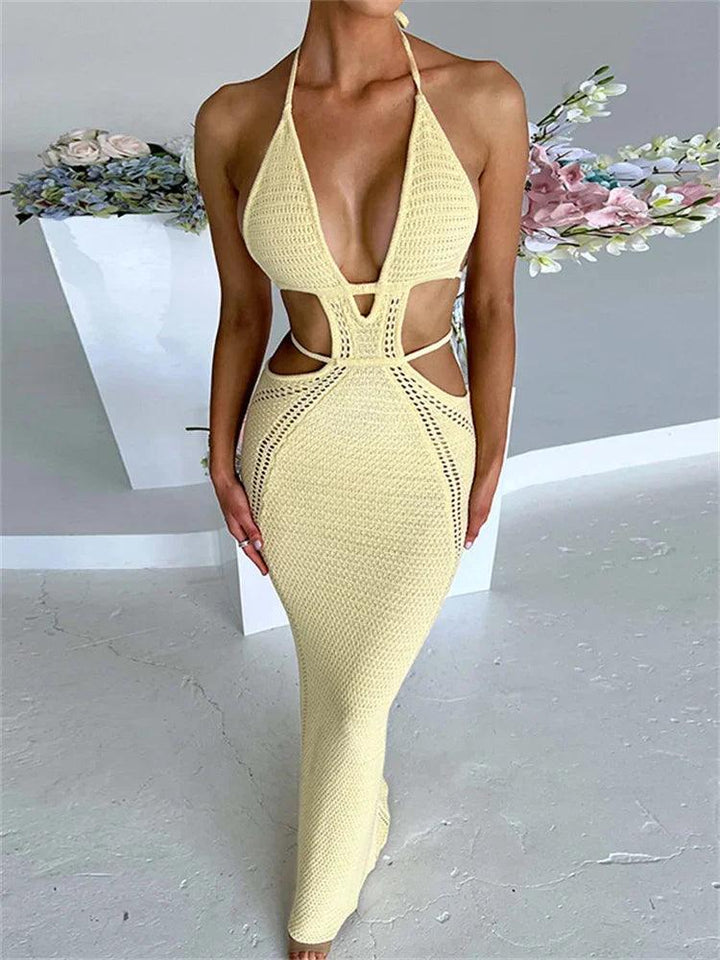 Haltered Knitted Bodycon Long Dress for Women Summer Sleeveless Backless Hollow Out Knit Beach Vacation Streetwear-THAT FASHION STORE