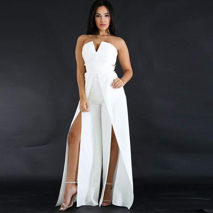 Hollow Long Jumpsuit Women Fashion Zipper Fitted Split Jumpsuit Elegant Breast Wide Leg Jumpsuit-THAT FASHION STORE