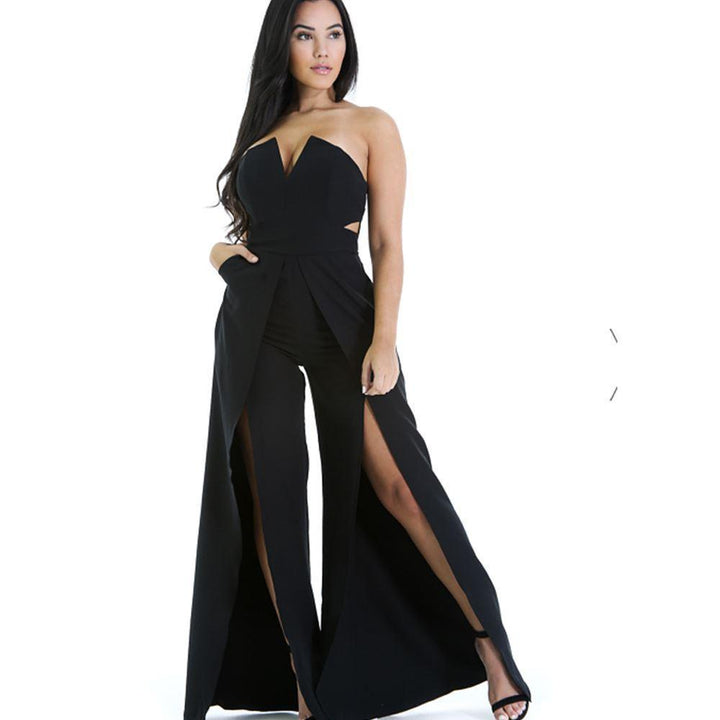 Hollow Long Jumpsuit Women Fashion Zipper Fitted Split Jumpsuit Elegant Breast Wide Leg Jumpsuit-THAT FASHION STORE