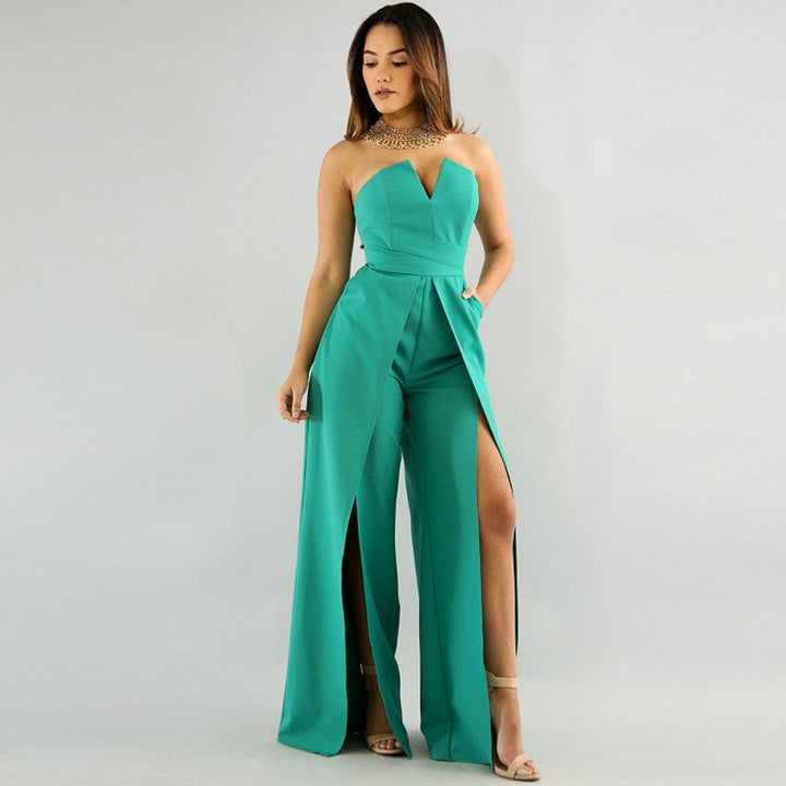 Hollow Long Jumpsuit Women Fashion Zipper Fitted Split Jumpsuit Elegant Breast Wide Leg Jumpsuit-THAT FASHION STORE