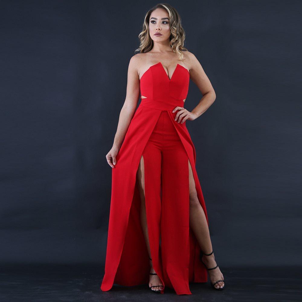 Hollow Long Jumpsuit Women Fashion Zipper Fitted Split Jumpsuit Elegant Breast Wide Leg Jumpsuit-THAT FASHION STORE