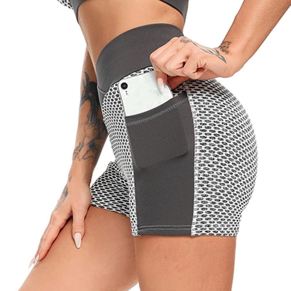 Honeycomb Jacquard Yoga Shorts Women High Waist Side Pockets-THAT FASHION STORE