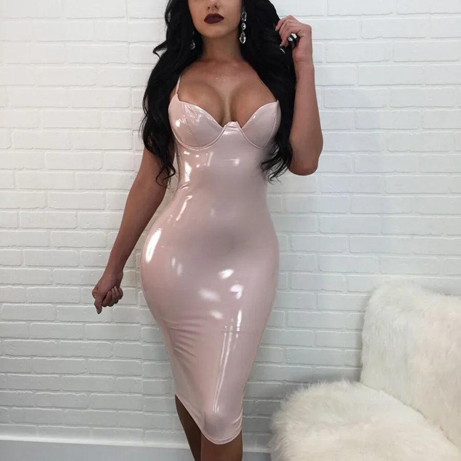 Hot New Summer Dress Women Sexy Party Club Dress New Robe Femme PU Dress Latex Glossy Sexy Bodycon Midi Dress M-4XL-THAT FASHION STORE