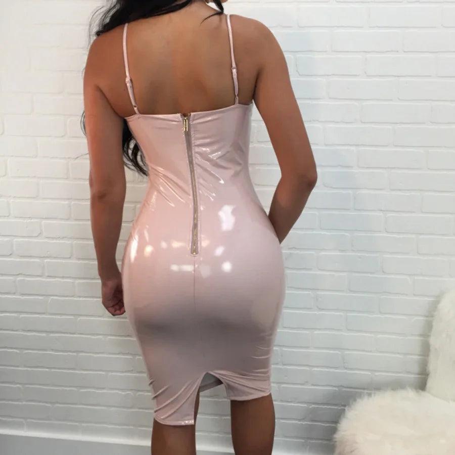 Hot New Summer Dress Women Sexy Party Club Dress New Robe Femme PU Dress Latex Glossy Sexy Bodycon Midi Dress M-4XL-THAT FASHION STORE