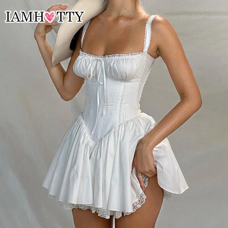 IAMHOTTY High-quality Lace Panel A-line Dress White Coquette Party Holiday Sleeveless Mini Corset Dresses Elegant Sweet Robe New-THAT FASHION STORE