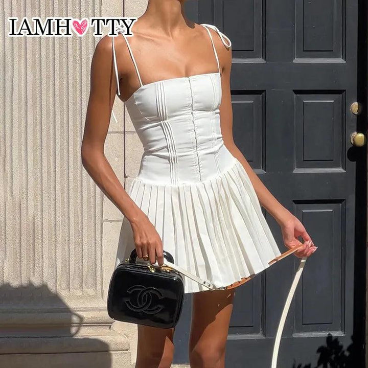 IAMHOTTY Party Holiday A-line Pleated Sleeveless Corset Dress White Buckle Up Lace-up Straps Chic Mini Dresses High Streetwear-THAT FASHION STORE