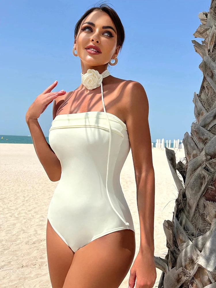 In-X White Bride Swimwear Korea Style One Piece Swimsuit Woman 2023 Luxury Elegant Swimwear Bandeau Bodysuit Girls Beachwear-THAT FASHION STORE