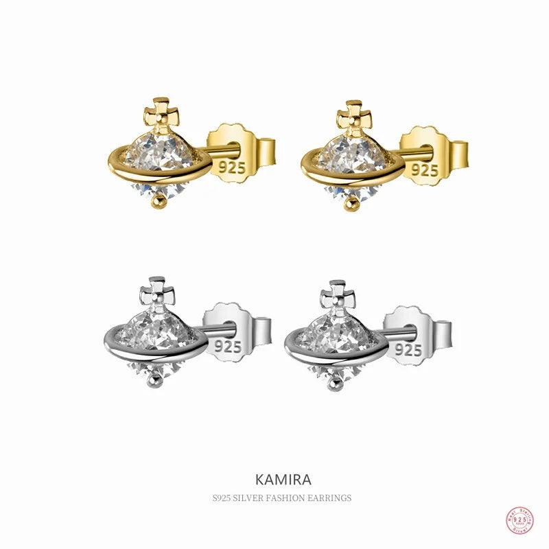 KAMIRA 925 Sterling Silver Classic Cross Luxury Planet Zircon Small Stud Earrings Women Fashion Unique Design Wedding Jewelry-THAT FASHION STORE