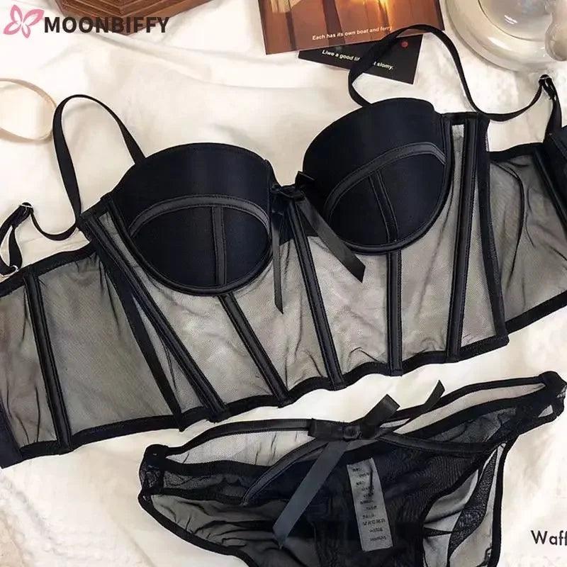 Lace Bra Sexy Mesh Underwear Women Hollow Out Shape Half Cup Soft Bralette Anti-sag Push Up Bow Thicken Women Underwear Set-THAT FASHION STORE