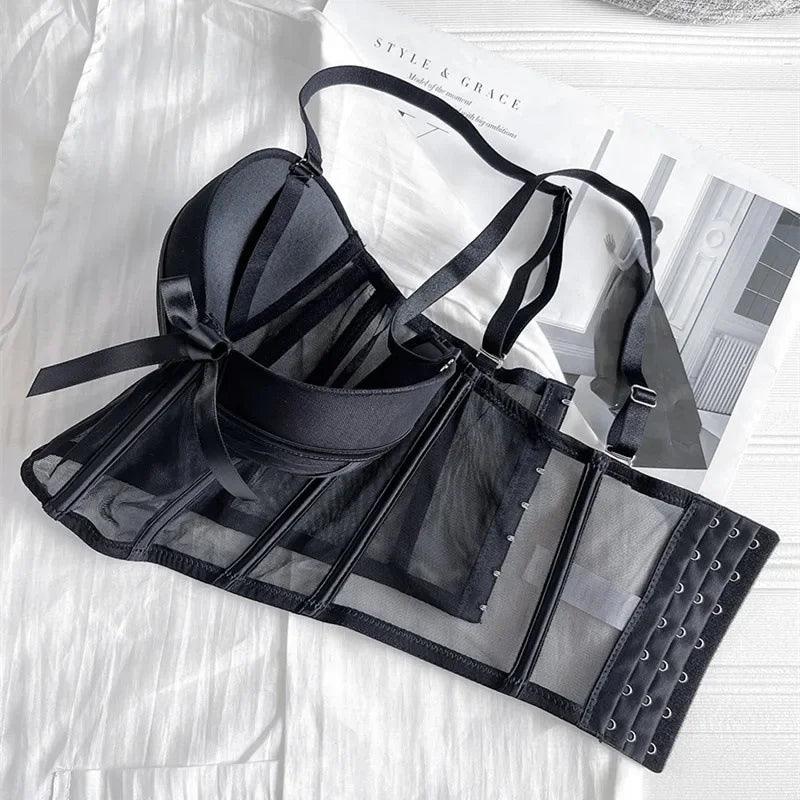 Lace Bra Sexy Mesh Underwear Women Hollow Out Shape Half Cup Soft Bralette Anti-sag Push Up Bow Thicken Women Underwear Set-THAT FASHION STORE