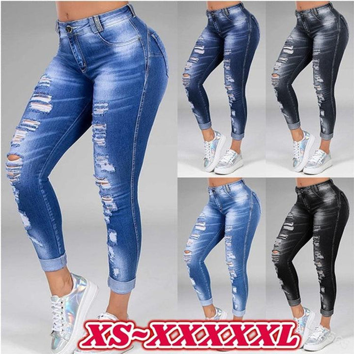 Ladies jeans ripped holes show thin stretch jeans-THAT FASHION STORE