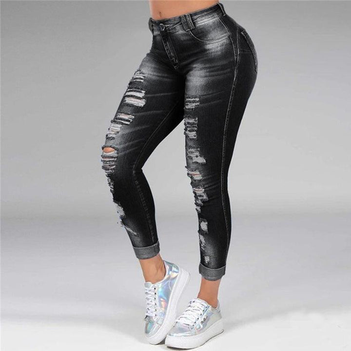 Ladies jeans ripped holes show thin stretch jeans-THAT FASHION STORE