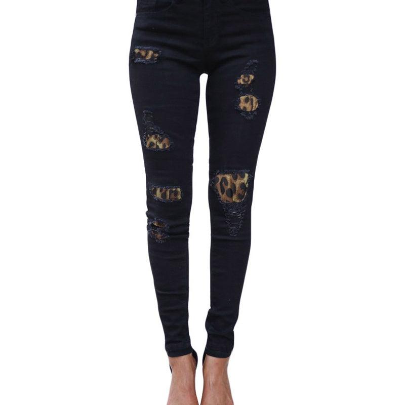 Leopard-print ripped patch stretch jeans-THAT FASHION STORE