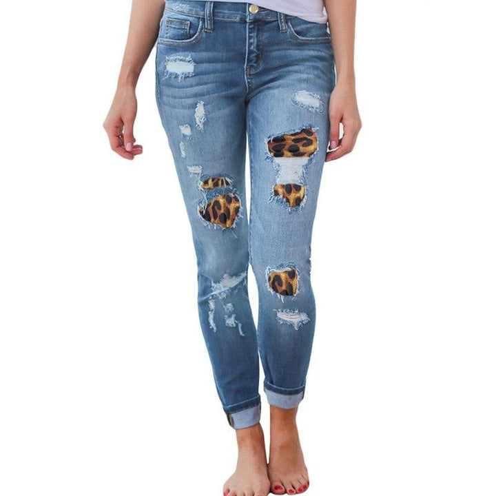 Leopard-print ripped patch stretch jeans-THAT FASHION STORE