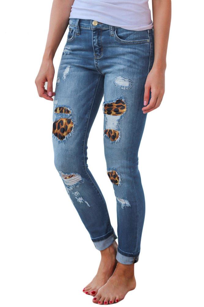 Leopard-print ripped patch stretch jeans-THAT FASHION STORE