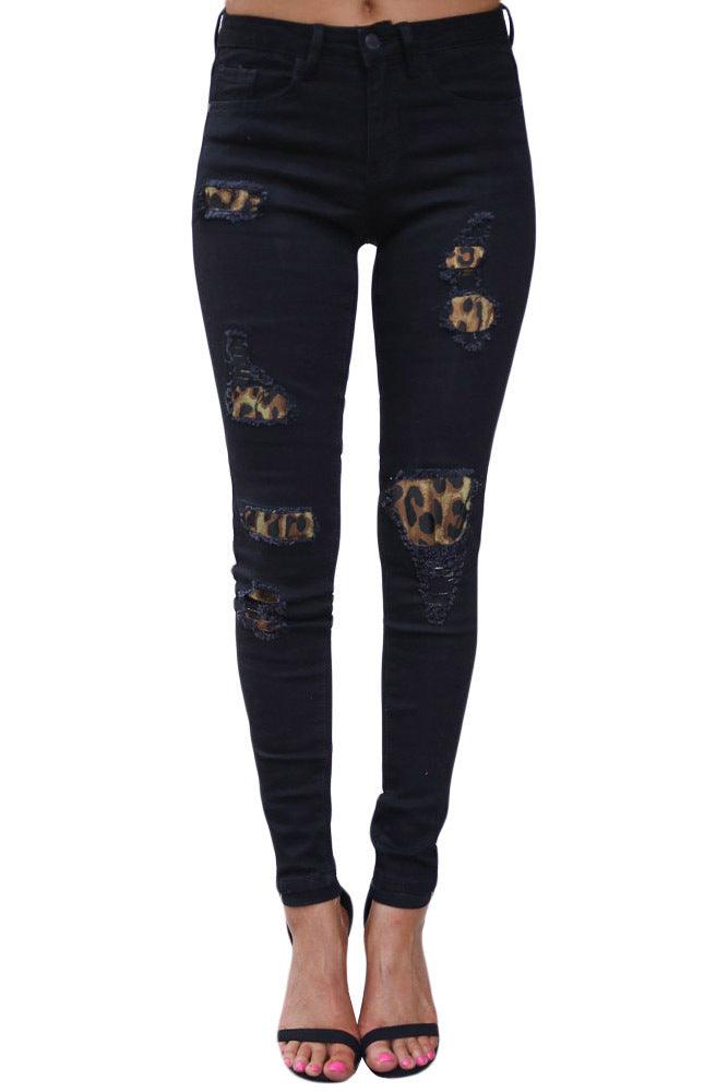 Leopard-print ripped patch stretch jeans-THAT FASHION STORE