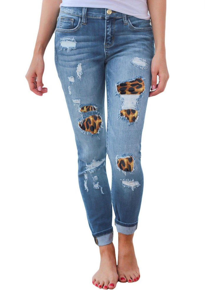 Leopard-print ripped patch stretch jeans-THAT FASHION STORE