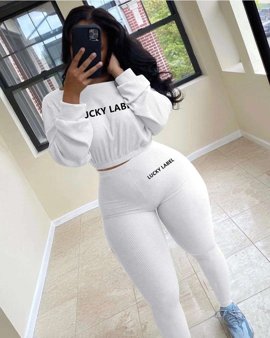 Letter Printed Embroidery Women Two Piece Ribbed Tracksuits Fall Spring Long Sleeve Sweatshirt and Skinny Pants Set-THAT FASHION STORE