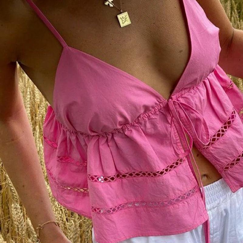 MaemukilabeY2K Kawaii Tie Up Cami Top Summer Sleeveless V Neck Spaghetti Strap Crop Top Boho Beach Holiday Hollow Out Vest Women-THAT FASHION STORE