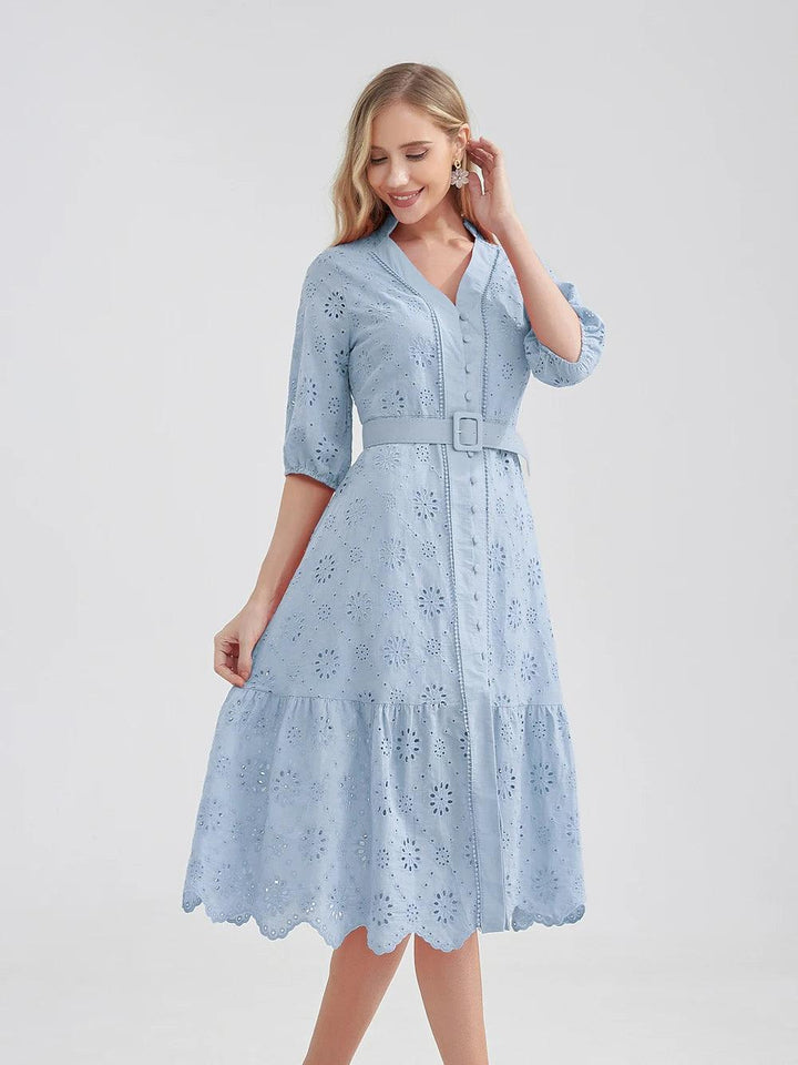 Marwin Cotton Hollow Out Summer Dress Women Holiday Perppy Casual High Waist Ruffled Mini V-Neck Dresses A-line Frills Vestido-THAT FASHION STORE