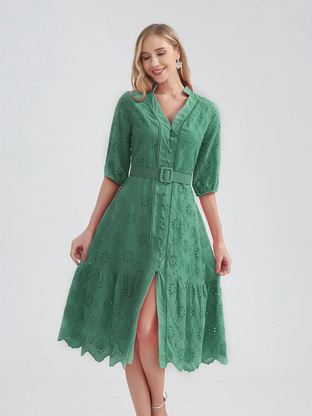 Marwin Cotton Hollow Out Summer Dress Women Holiday Perppy Casual High Waist Ruffled Mini V-Neck Dresses A-line Frills Vestido-THAT FASHION STORE