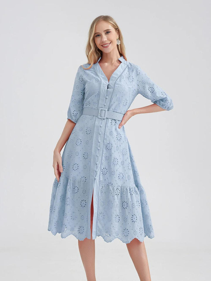 Marwin Cotton Hollow Out Summer Dress Women Holiday Perppy Casual High Waist Ruffled Mini V-Neck Dresses A-line Frills Vestido-THAT FASHION STORE