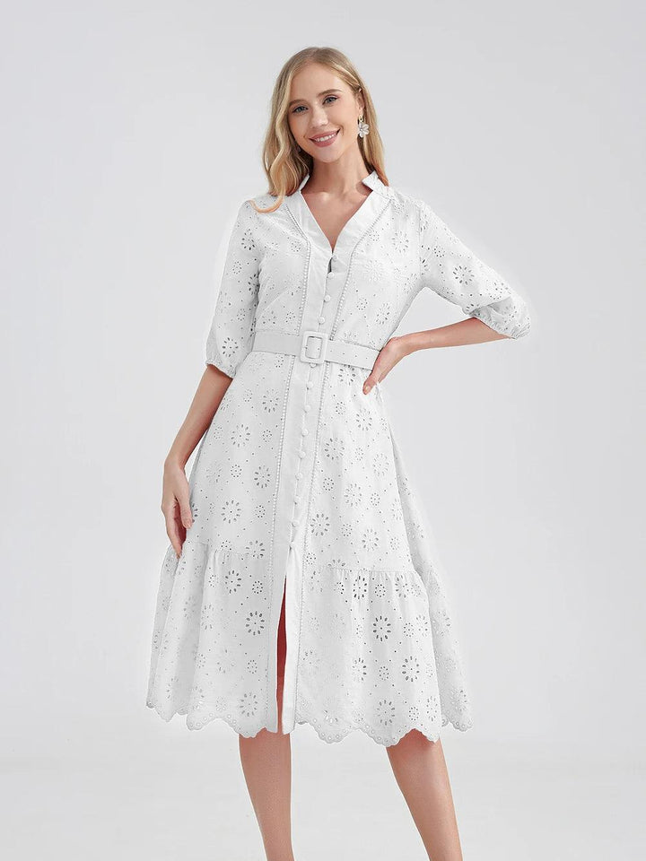 Marwin Cotton Hollow Out Summer Dress Women Holiday Perppy Casual High Waist Ruffled Mini V-Neck Dresses A-line Frills Vestido-THAT FASHION STORE