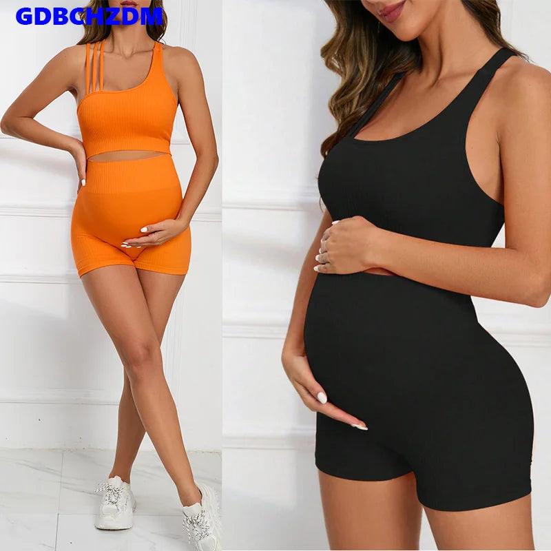 Maternity Seamless Yoga Set Gym Suits Solid Ribbed Sexy Crops Tops Shorts Pregnancy Women Pants 2 Pieces Outfits Workout-THAT FASHION STORE