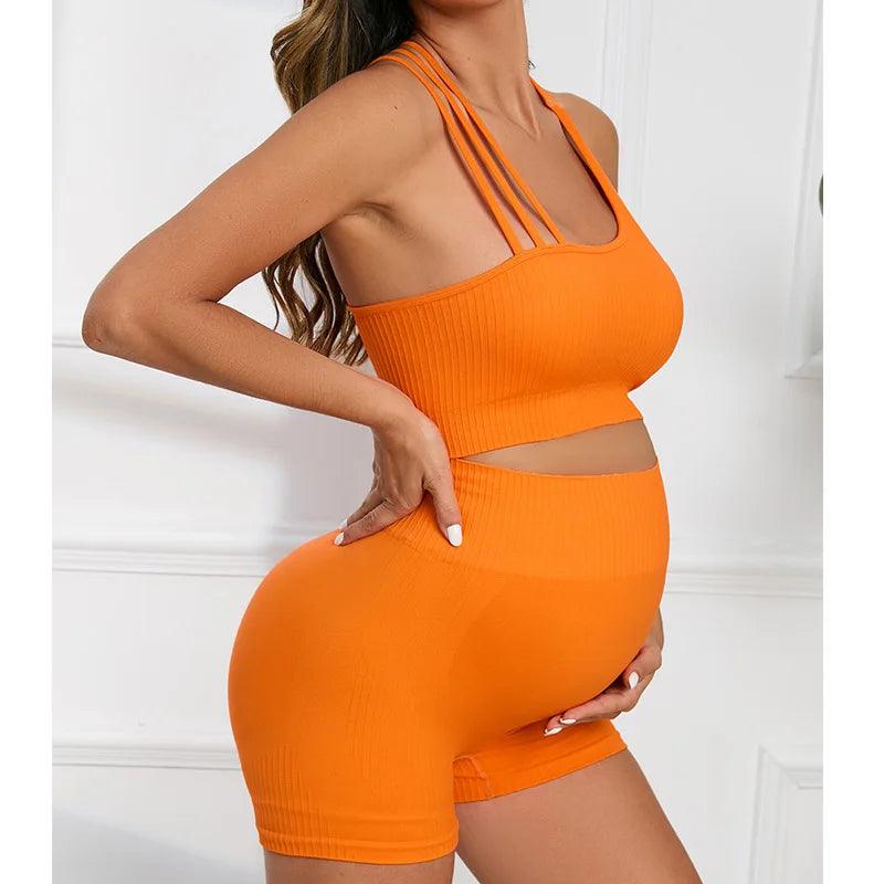 Maternity Seamless Yoga Set Gym Suits Solid Ribbed Sexy Crops Tops Shorts Pregnancy Women Pants 2 Pieces Outfits Workout-THAT FASHION STORE