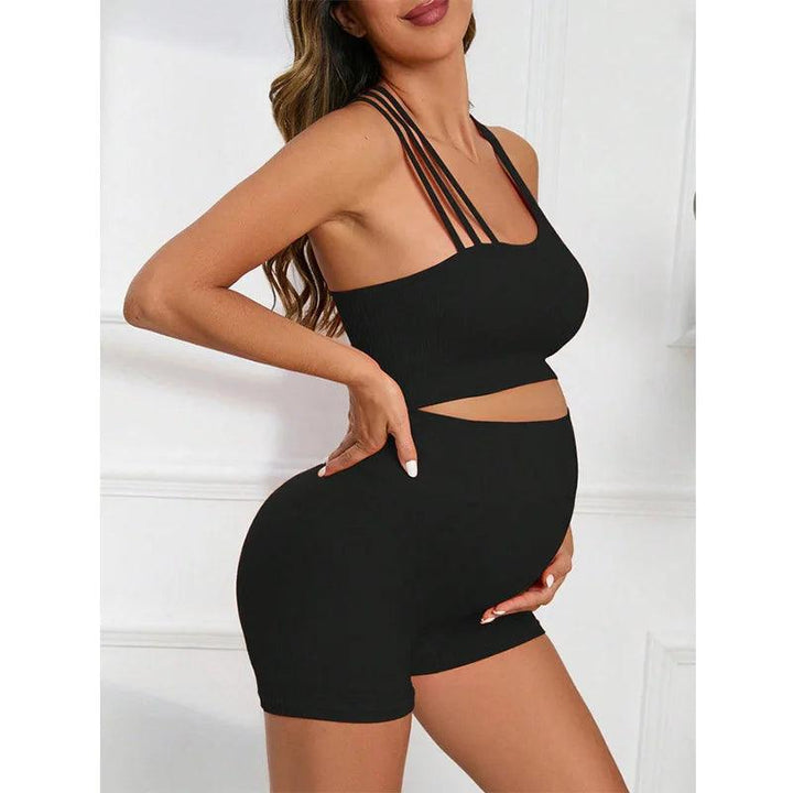 Maternity Seamless Yoga Set Gym Suits Solid Ribbed Sexy Crops Tops Shorts Pregnancy Women Pants 2 Pieces Outfits Workout-THAT FASHION STORE