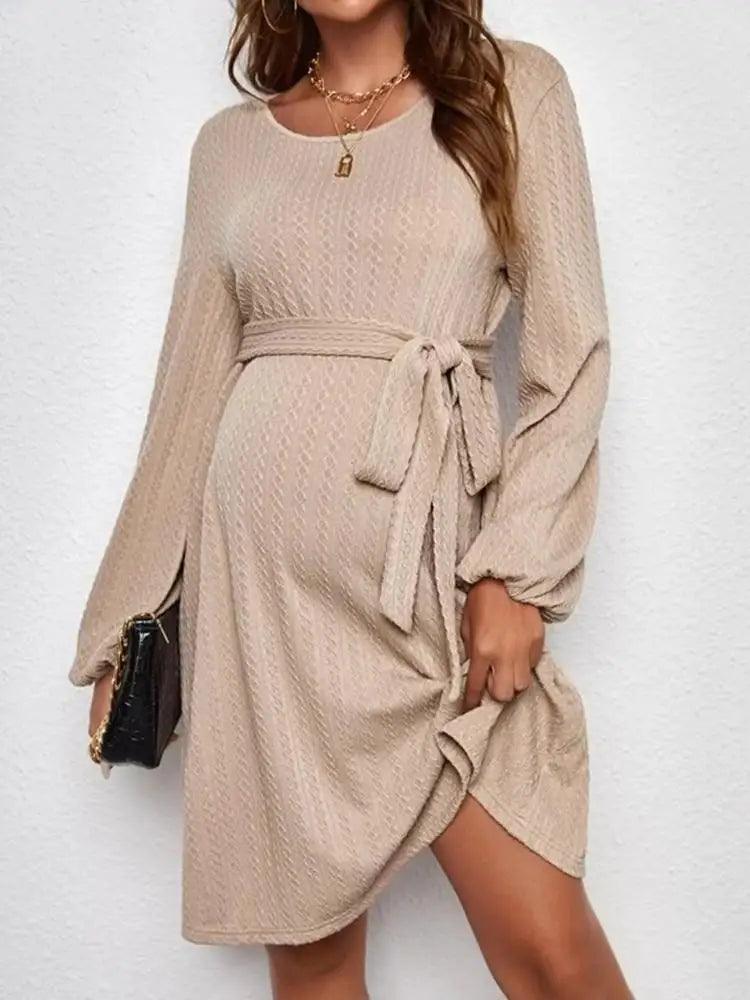 Maternity Womens Jacquard Knit Puffy Sleeve Dress With Belt Pregnancy Women Clothes For Spring Fall-THAT FASHION STORE