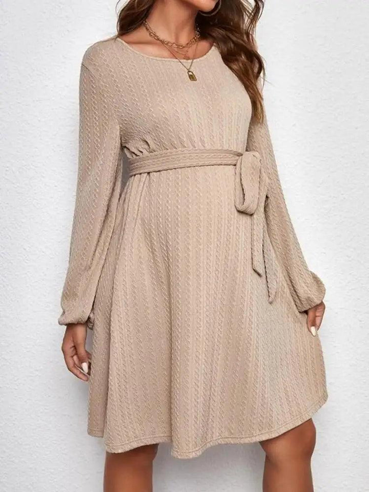 Maternity Womens Jacquard Knit Puffy Sleeve Dress With Belt Pregnancy Women Clothes For Spring Fall-THAT FASHION STORE