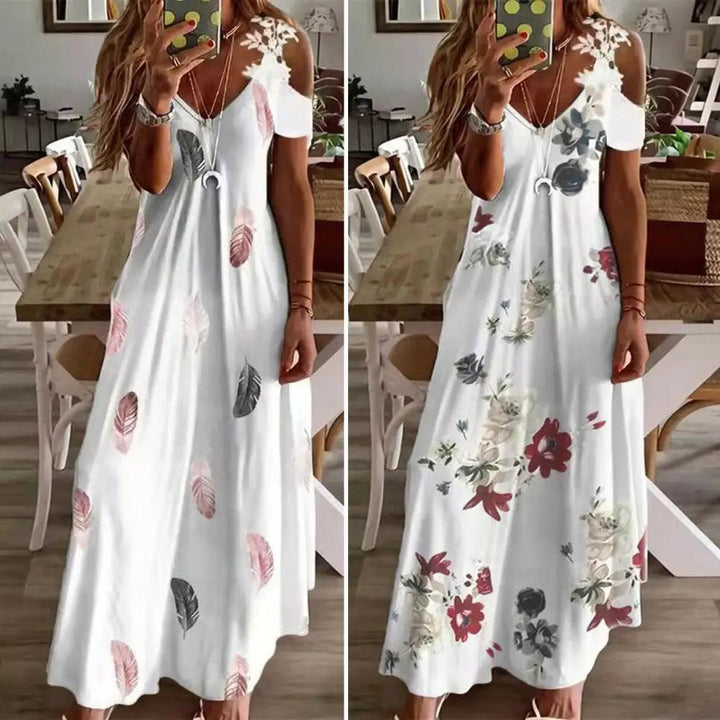 Maxi Dress For Women Feather Printed Lace Sling Ladies Loose-fitting Hollow Out A-Line Long Dress Streetwear for Party-THAT FASHION STORE