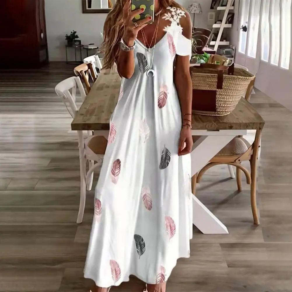 Maxi Dress For Women Feather Printed Lace Sling Ladies Loose-fitting Hollow Out A-Line Long Dress Streetwear for Party-THAT FASHION STORE