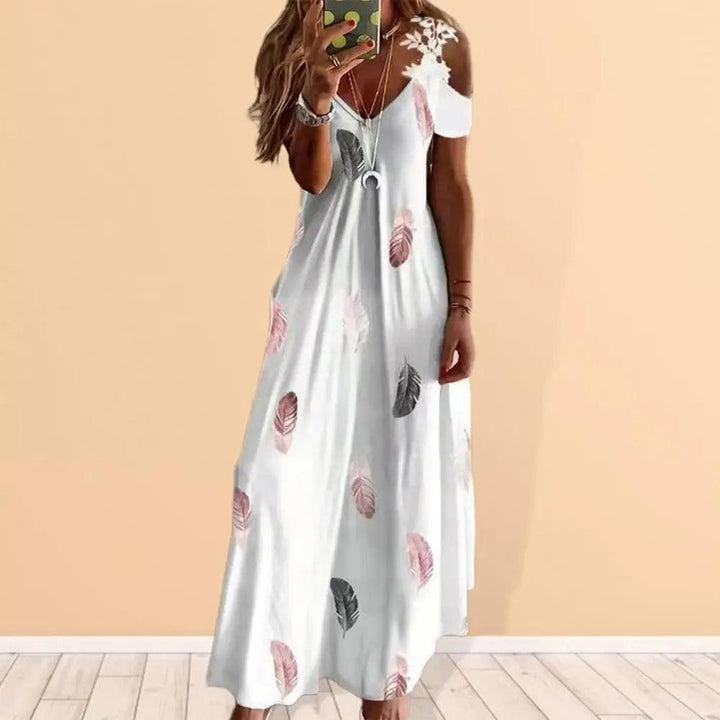 Maxi Dress For Women Feather Printed Lace Sling Ladies Loose-fitting Hollow Out A-Line Long Dress Streetwear for Party-THAT FASHION STORE