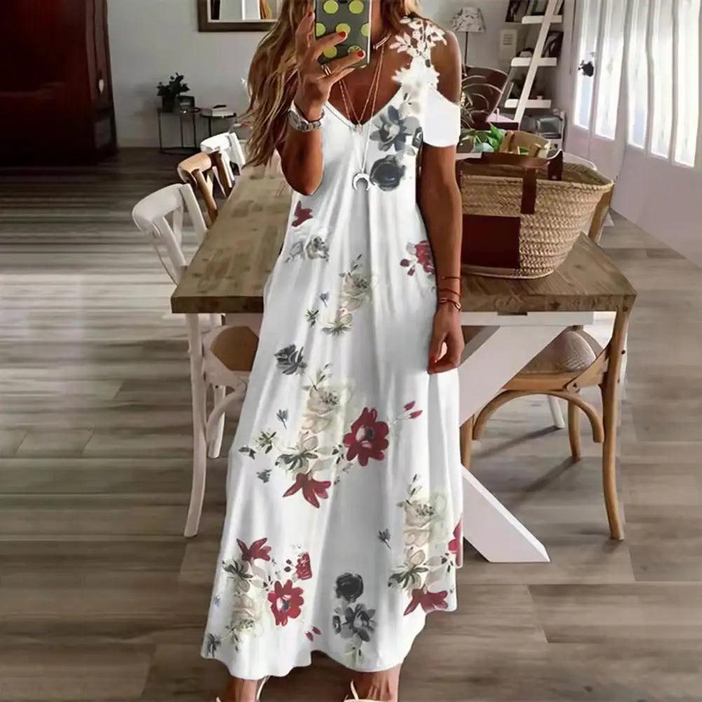 Maxi Dress For Women Feather Printed Lace Sling Ladies Loose-fitting Hollow Out A-Line Long Dress Streetwear for Party-THAT FASHION STORE