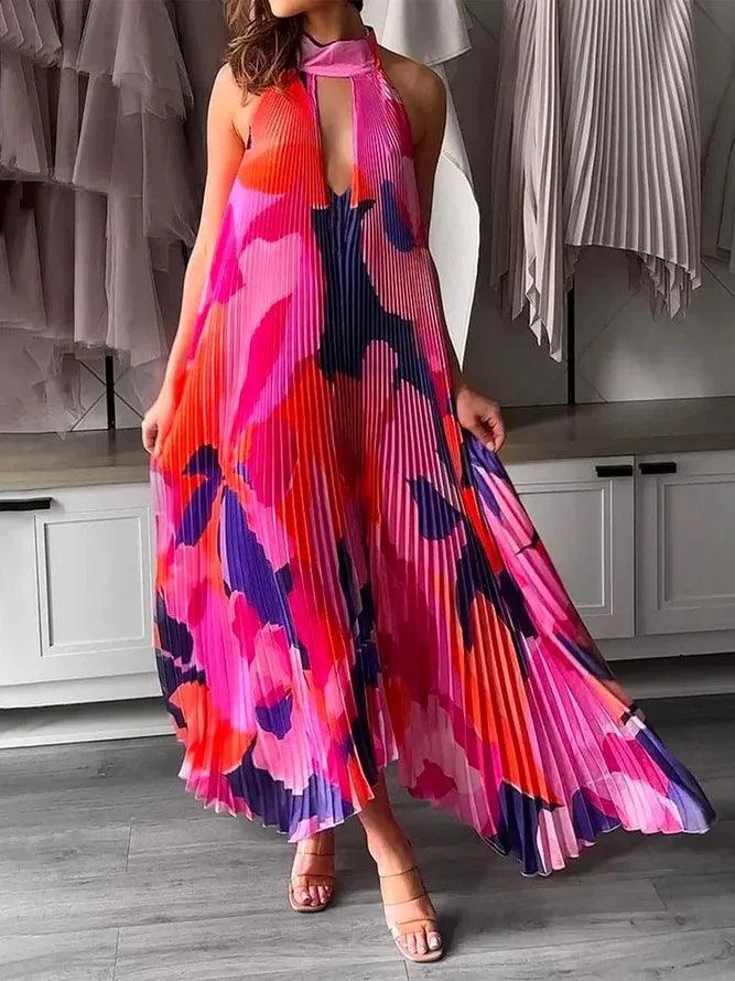 Maxi Dresses 2023 Summer Autumn Chic Vacation Holiday Vestidos Elegant V-neck Print Long Sleeve Dress For Women Patchwork Split-THAT FASHION STORE