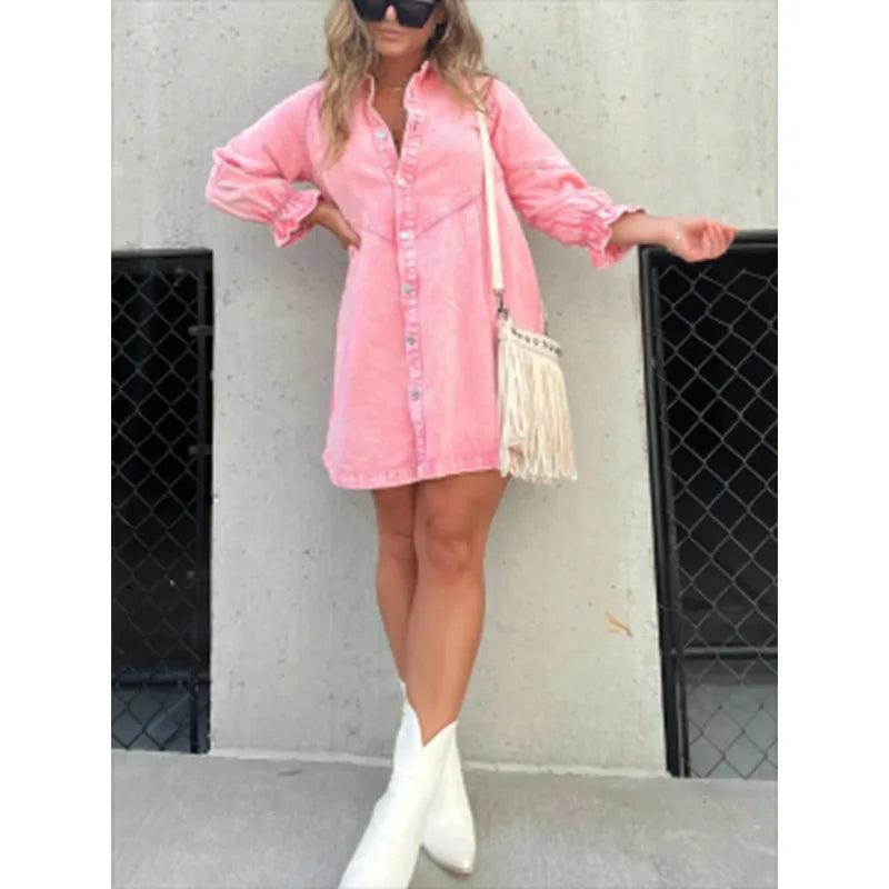 Midiross Shirt Dress Denim New Jeans Dresses Women Loose Casual Turn Down Collar 3/4 Lantern Sleeve-THAT FASHION STORE