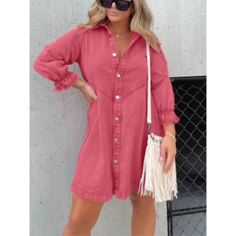 Midiross Shirt Dress Denim New Jeans Dresses Women Loose Casual Turn Down Collar 3/4 Lantern Sleeve-THAT FASHION STORE