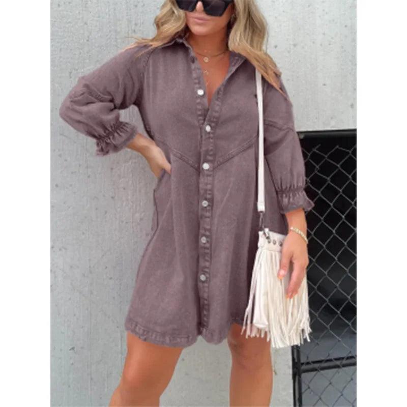 Midiross Shirt Dress Denim New Jeans Dresses Women Loose Casual Turn Down Collar 3/4 Lantern Sleeve-THAT FASHION STORE