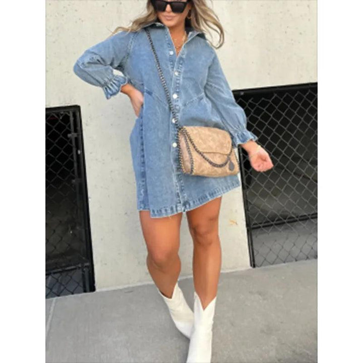 Midiross Shirt Dress Denim New Jeans Dresses Women Loose Casual Turn Down Collar 3/4 Lantern Sleeve-THAT FASHION STORE