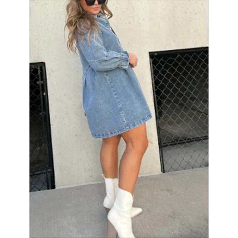 Midiross Shirt Dress Denim New Jeans Dresses Women Loose Casual Turn Down Collar 3/4 Lantern Sleeve-THAT FASHION STORE